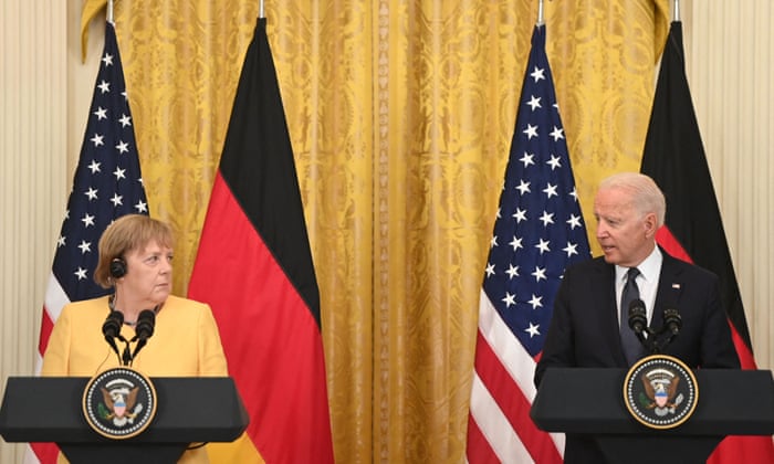 Joe Biden and German Chancellor Angela Merkel hold a joint press conference in the East Room of the White House.