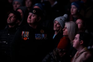 People pay their respects during the Anzac Day dawn service at the Shrine of Remembrance in Melbourne.