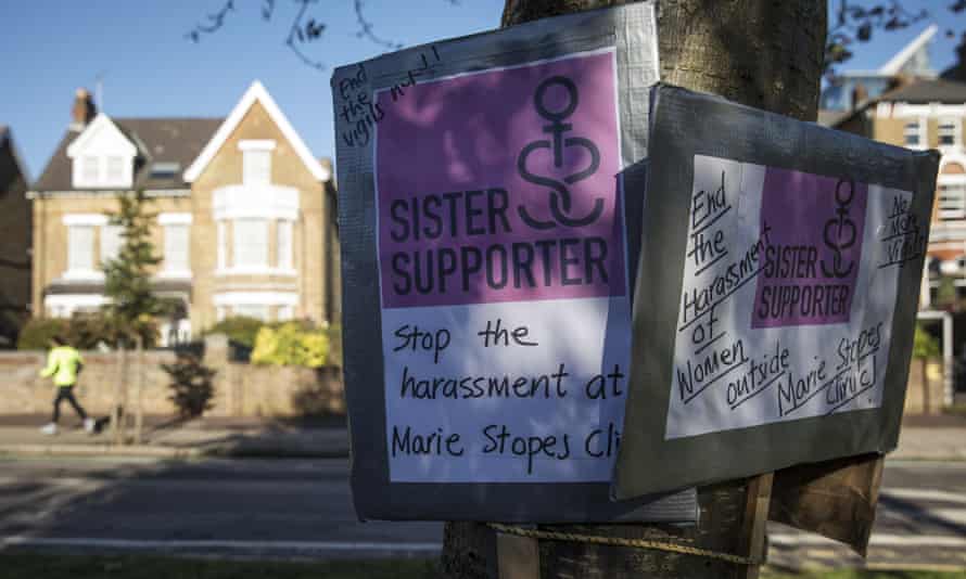 Placards in support of a Public Space Protection Order are placed outside the Marie Stopes Abortion Clinic by a pro-choice group on October 27, 2017 in London, England.