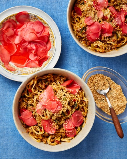Meera Sodha’s hot tahini and soy mince noodles with cold pickled radishes.
