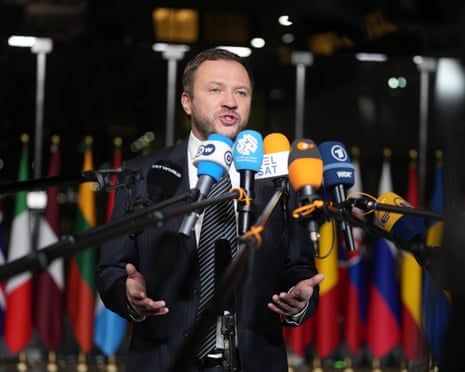 Estonia's foreign minister Margus Tsahkna speaks with the media as he arrives for a meeting of Nato foreign ministers at Nato headquarters in Brussels.