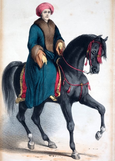 Painting of Lady Hester on a black horse with fur-trimmed coat and turban