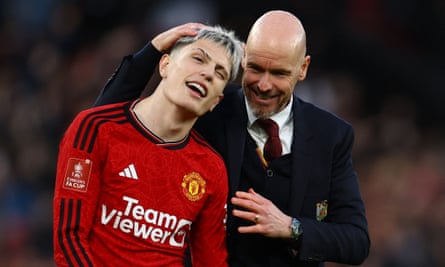 Erik ten Hag celerbates with Alejandro Garnacho after Manchester United’s dramatic win.