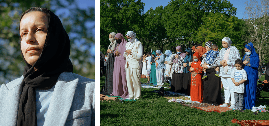 Left: Tiffany Cabán. Right: Muslim greetings each other after morning Eid al-Fitr prayers.