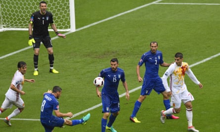 Morata (far right) playing against his ‘father figure’ at Juventus, Gianluigi Buffon (second left) at Euro 2016)