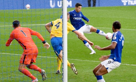 James Rodríguez scores one of his two goals for Everton against Brighton last October.