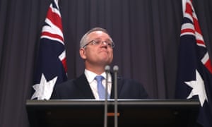 Prime minister Scott Morrison at a press conference in the blue room of parliament house