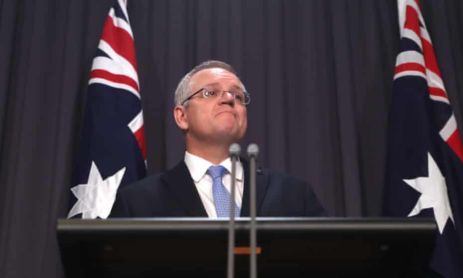 Prime minister Scott Morrison at a press conference in the blue room of parliament house 
