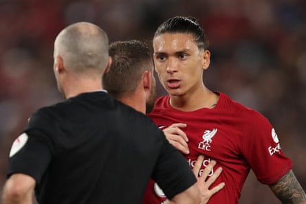 Darwin Núñez of Liverpool reacts furiously after being shown a straight red card for head-butting Joachim Andersen of Crystal Palace at Anfield. The game ended 1-1