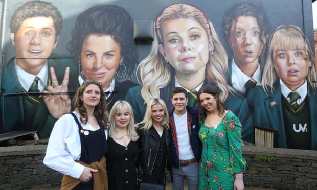 Louisa Harland, Nicola Coughlan, Saoirse-Monica Jackson, Dylan Llewellyn and Jamie-Lee O’Donnell visit their mural in Derry
