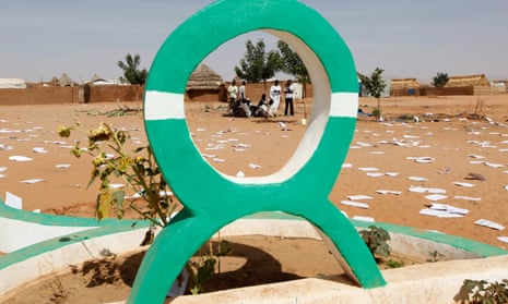 An Oxfam logo in Darfur. 