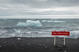 Iceland landscape with a sign on the shore reading: Only 1 left in stock