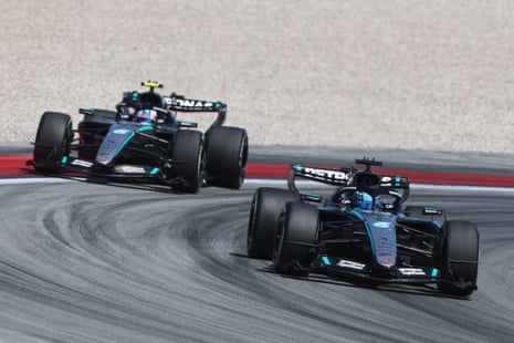 Kimi Antonelli (left) closes in on his teammate George Russell.
