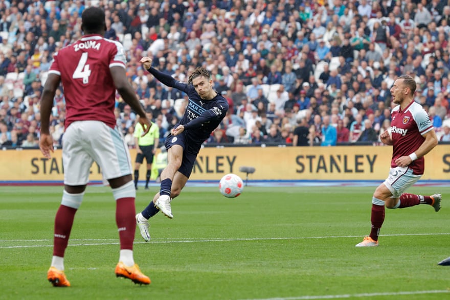 Jack Grealish scores Manchester City’s first goal shortly after half-time.