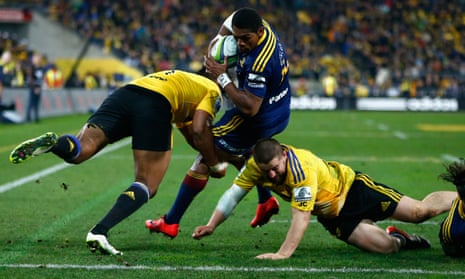 Waisake Naholo scores a try during the Super Rugby final.
