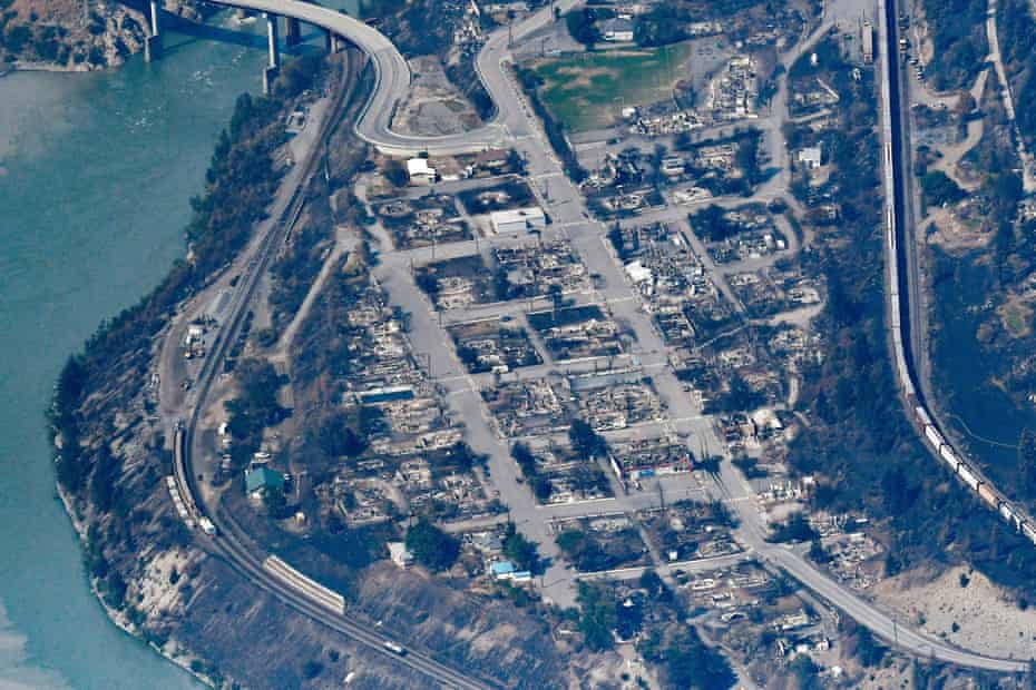 The charred remnants of homes and buildings destroyed by a wildfire in Lytton, British Columbia.