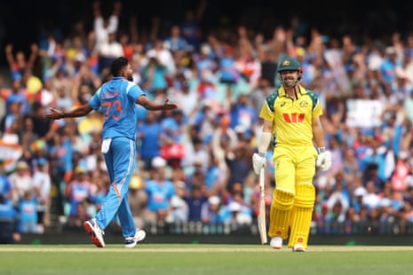 general general Mohammed Siraj celebrates after taking the wicket of Travis Head