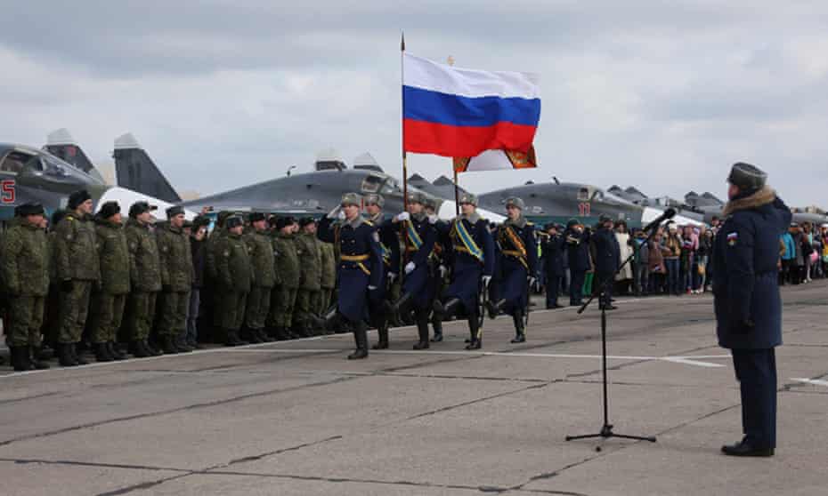A parade at a Russian airbase after the return of warplanes and personnel from Syria