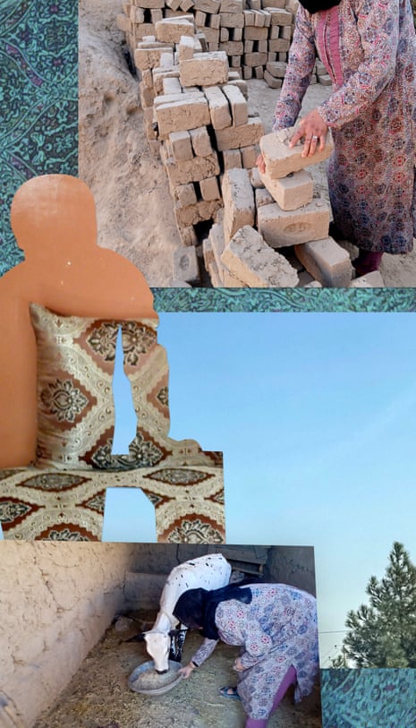a composite of bricks being made by a woman and a cow being fed