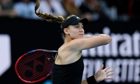 Elena Rybakina fires off a forehand to Aryna Sabalenka.