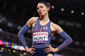 Amy Hunt celebrates after finishing second for Great Britain in a women’s 200m semi-final. Hunt claimed silver in the final.