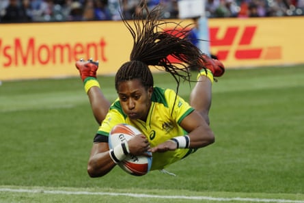 Ellia Green scores against the US during the Women’s rugby sevens World Cup final in San Francisco, 2018