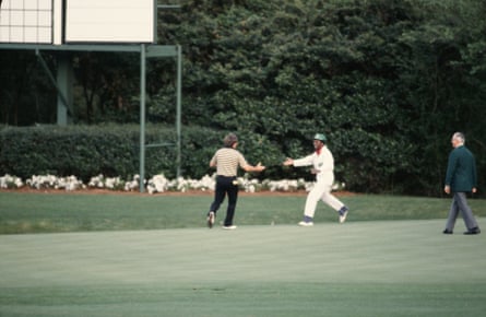 Fuzzy Zoeller is congratulated by his caddie during nan 1979 Masters successful Augusta, Georgia.