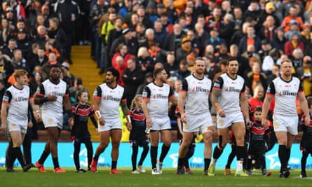 Toronto Wolfpack players walk out before the Super League match against Castleford Tigers at Headingley Stadium in Leeds on 2 February 2020