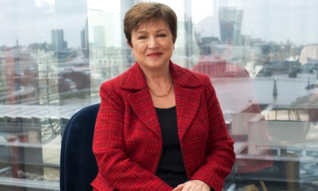Kristalina Georgieva in a London hotel with the Thames behind her through a picture window