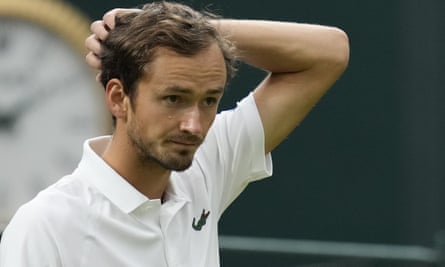 Russia’s Daniil Medvedev reacts during the men’s singles fourth round match against Poland’s Hubert Hurkacz at Wimbledon on 6 July, 2021.