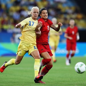 Caroline Seger defends Germany's Dzsenifer Marozsan in the 2016 Olympic final.