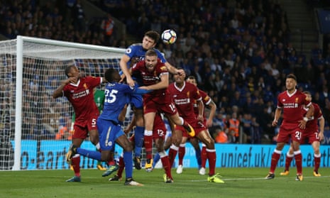 Jordan Henderson challenges for an aerial ball during Liverpool’s 3-2 win over Leicester.