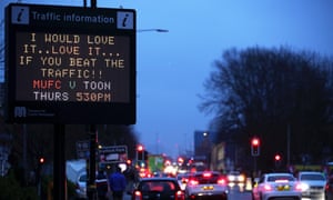 A general view of a traffic information sign which displays a message ahead of the Premier League match between Manchester United and Newcastle United at Old Trafford