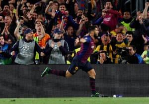 Barcelona’s Luis Suarez celebrates scoring their first goal.
