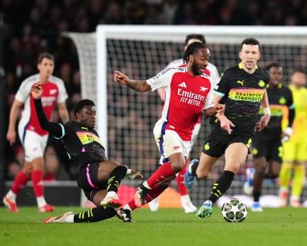 Raheem Sterling in action for Arsenal against PSV Eindhoven in the Champions League last season