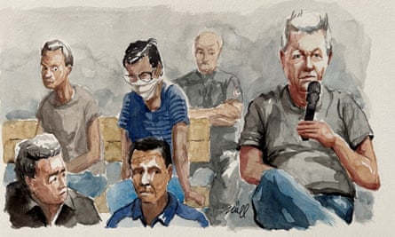Courtroom sketch of man talking on microphone beside fellow accused