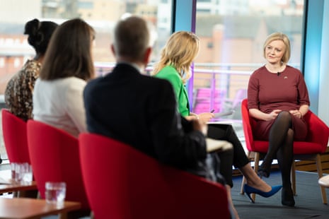 Liz Truss being interviewed by Laura Kuenssberg, with a panel watching (left to right): Sharon White, chair of the John Lewis Partnership, Guardian political editor Pippa Crerar and Michael Gove