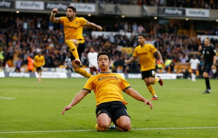 Hwang Hee-chan celebrates after scoring the winner for Wolves against Manchester City.