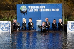 'World Leaders: Last Call for Climate Action', an artistic installation in Glasgow Canal, shows activists dressed as politicians on a sinking UN negotiation stage to indicate the urgency for climate action