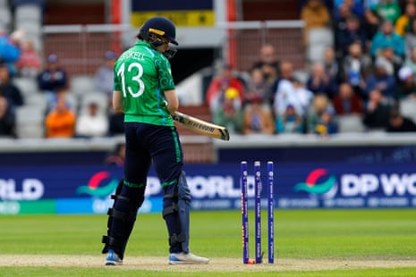 A dejected Stokell looks back at the stumps.