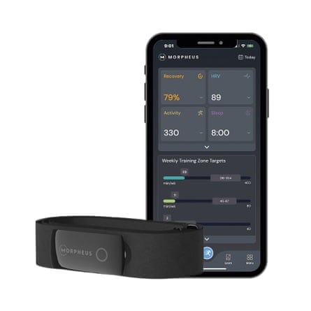 Black Morpheus wrist device and phone showing Morpheus app