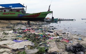 Debris lining the beach in Sulawesi, Indonesia.