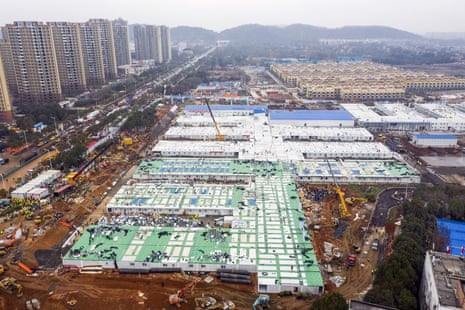 The Huoshenshan temporary field hospital under construction nears completion in Wuhan on 2 February 2020.