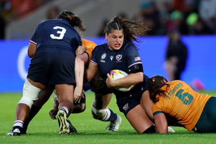 Ilona Maher of the USA is tackled by Australia’s Michaela Leonard