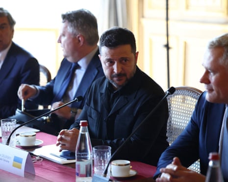 Ukrainian president Volodymyr Zelenskyy attends an Integrated Anti-Ballistic Missile presentation meeting with French President Emmanuel Macron (not pictured) at the Quai d'Orsay in Paris, France.