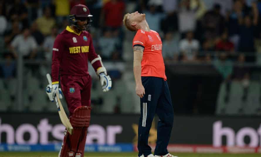 England struggled badly bowling with a wet ball under lights. Here, Ben Stokes reacts after Gayle hits him for one of his 11 sixes.