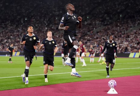 Chelsea's Moises Caicedo celebrates scoring their side's fourth goal of the game at West Ham.