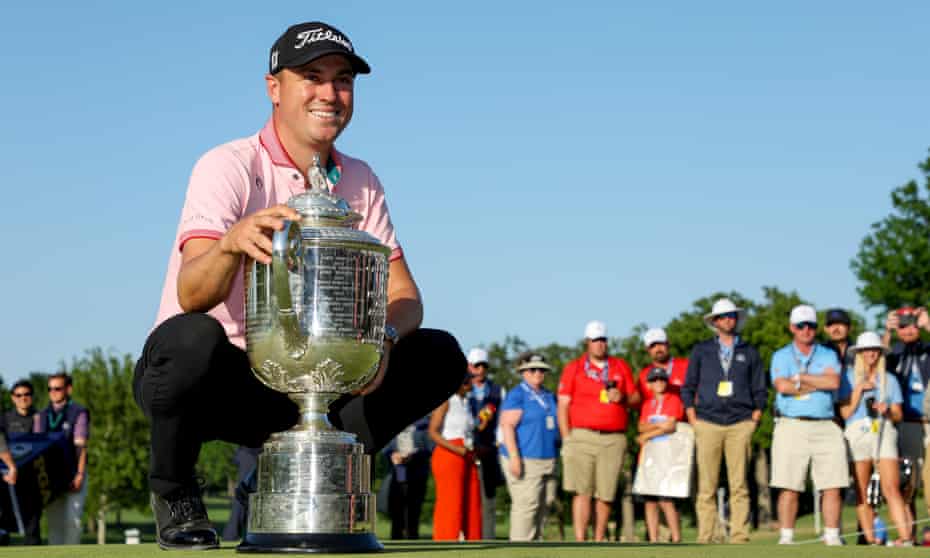 Justin Thomas poses with the Wanamaker Trophy after winning the PGA Championship for the second time in his career.
