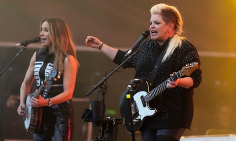 ‘Outlandish musicianship’ … Emily Strayer and Natalie Maines of the Chicks perform at Cardiff Castle, 27 June 2023.
