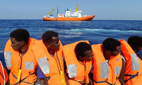 Migrants being rescued by the NGO’s rescue ship ‘Aquarius’ in the Mediterranean in August.